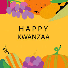 Vibrant abstract illustration celebrating the Kwanzaa holiday with colorful harvest fruits and bold typography against a warm golden background perfect for greetings