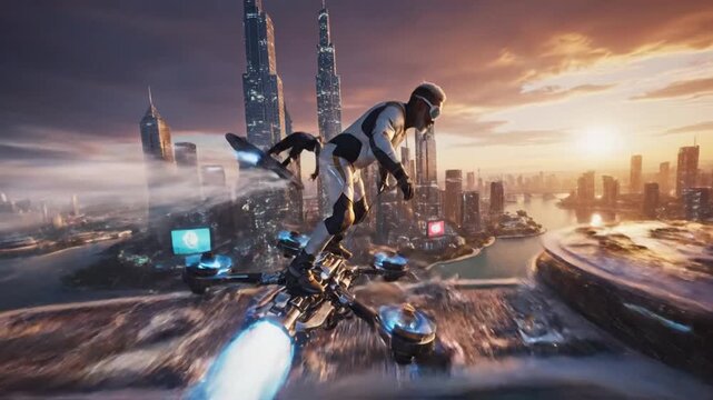 Futuristic Hoverboard Rider Soars Above a Dazzling Cityscape at Sunset.