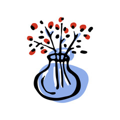 Red Berry Vase. Hand-drawn vase icon in a minimal ink-and-color style, created for branding, packaging, editorial layouts, cozy scenes and modern graphic design.