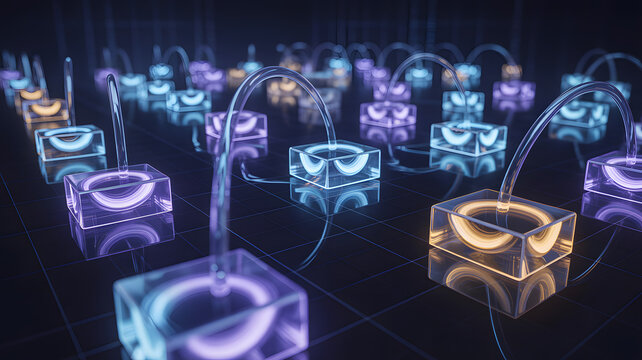 Cloud Computing Futuristic abstract design featuring illuminated cubes and flowing connections in a dark environment.