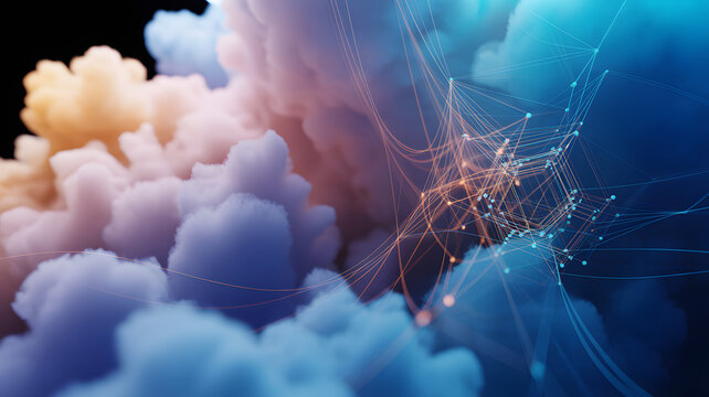 Cloud Computing Abstract digital cloud formation with intricate connections and vibrant colors.
