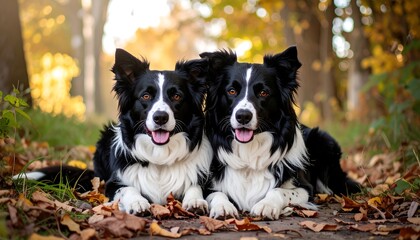 Two border collies in autumn leaves