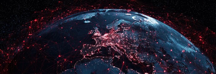 Globe showing interconnected red networks across Europe from space, dark background