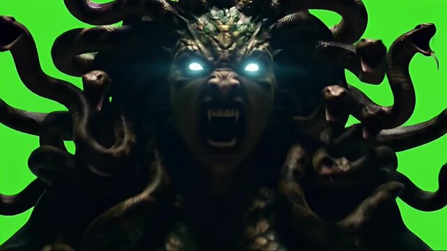Mythical gorgon creature with snake hair and glowing eyes on a green screen background