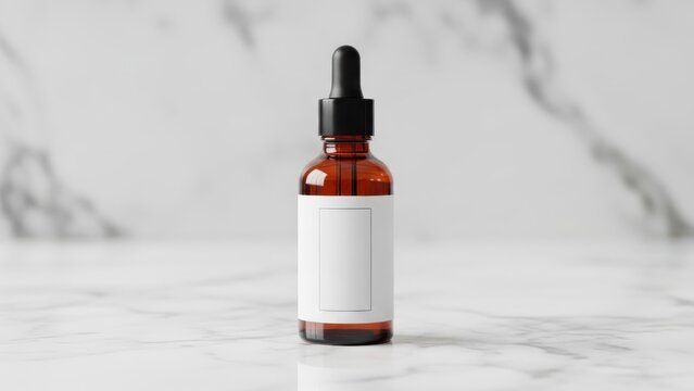Amber glass dropper bottle with blank label on marble surface, studio shot for product mockup and branding