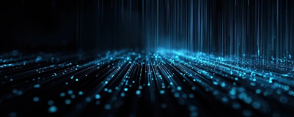 A dark, abstract scene with streaks of blue light falling from above, radiating on the bottom