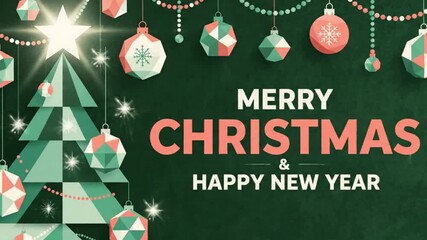 Elegant green Christmas background with hanging paper ornaments and Merry Christmas Happy New Year text