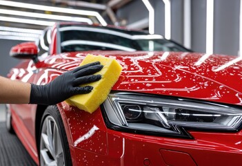 A gloved hand with a yellow sponge washes a shiny red car, detail shot