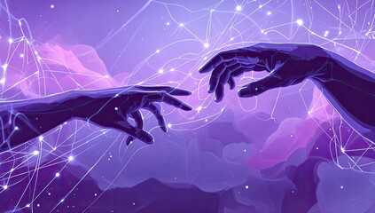 Two hands reaching, surrounded by glowing digital lines and ethereal purple mist