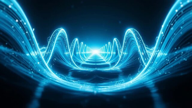 An abstract blue wave background features glowing light lines and energy curves that create a flowing motion effect across a dark space backdrop