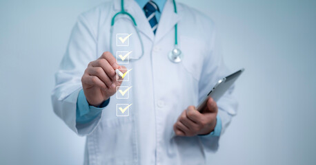 Doctor marking a digital checklist symbolizes medical accuracy quality healthcare management...