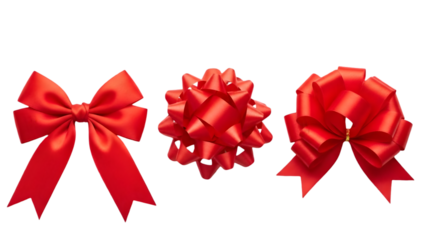 Three vibrant red gift bows in varying styles isolated on transparent background