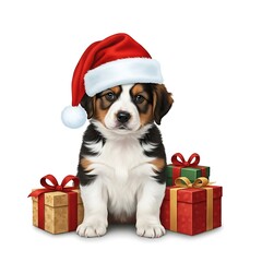 Cute Christmas Puppy Wearing Santa Hat with Holiday Gifts &ndash; Festive Dog Pet Portrait on White Background