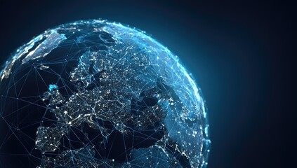 Digital Earth globe showing Europe and Asia, with glowing city lights and network connections