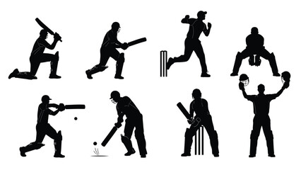 Silhouettes of cricket players in various action poses and positions