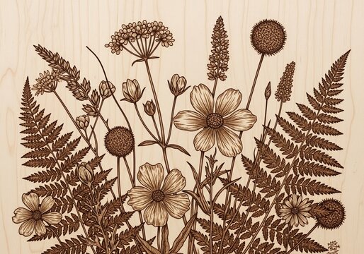 Vintage botanical wood burning art with meadow flowers and ferns on plywood texture board