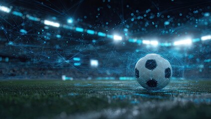 Digitally enhanced soccer ball on field at night. Stadium background, illuminated lights, neon details