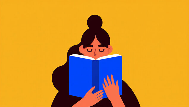 Learning & Education: Focused Woman Reading Book Illustration. Study, Knowledge, Concentration & Personal Growth.