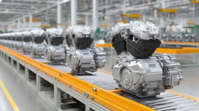 Industrial production line with motorcycle engines on assembly conveyor in modern manufacturing facility 4k video footage
