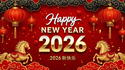 Happy new year 2026 greeting card with golden horses and red lanterns