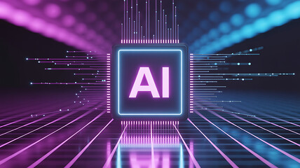 Futuristic AI processor glowing in a neon cyber environment with digital grid reflections and flowing data lines showcasing advanced artificial intelligence technology and modern innovation design