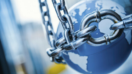 Globe encased in chains and padlock symbolizes restriction and confinement, evoking sense of urgency