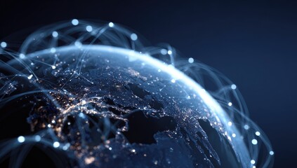 Glowing digital Earth with bright city lights interconnected by an abstract global network