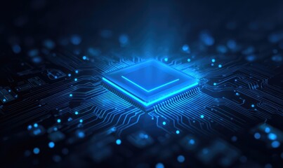 Glowing blue CPU central processing unit, lit up with circuits and connections, dark background