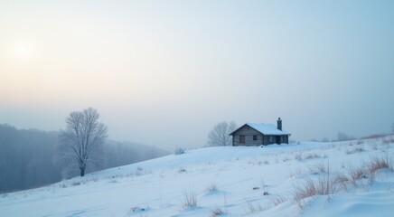 Snowy landscape with a cabin in the distance and trees in the distance