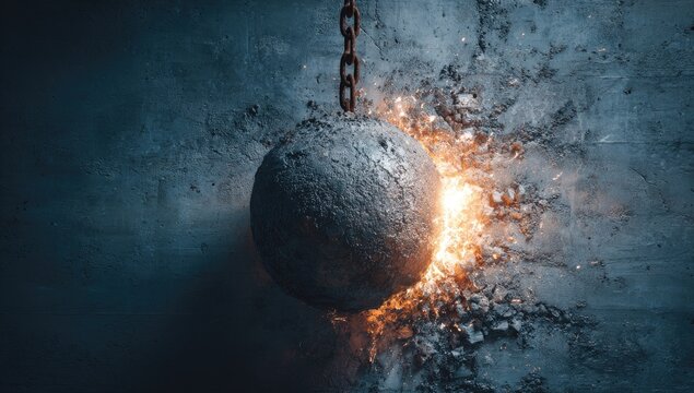 A large, metallic wrecking ball smashes into a concrete wall, with debris and sparks flying