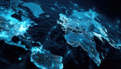 Glowing digital world map with interconnected network lines on a dark background