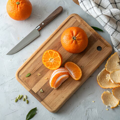 high angle view of orange fruit on cutting board