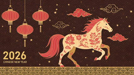 Chinese new year 2026 year of the horse festive illustration with lanterns and clouds