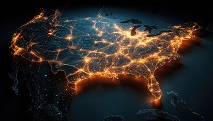 United States map at night, illuminated by a glowing network of cities and connections