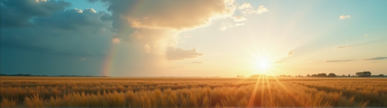 View of a field of wheat with a rainbow in the sky