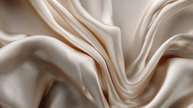 Luxurious champagne colored silk fabric draped in elegant folds, showcasing a soft sheen and smooth texture