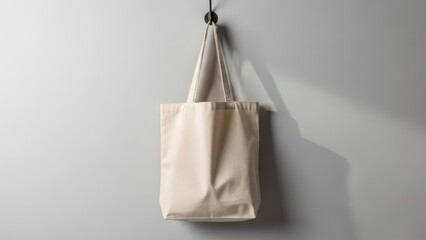Eco-Friendly Canvas Bag on the Wall: A beige canvas tote bag, suspended gracefully on a wall, presents an image of simplicity and sustainability.
