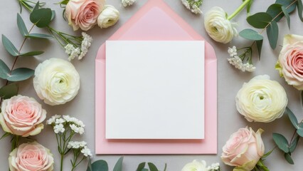 Floral Invitation: A soft pastel-hued floral arrangement cradles a blank invitation, set against a subtle, clean background, perfect for conveying elegance and delicate emotion.