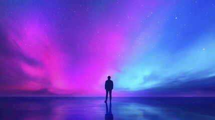 Fototapeta premium Person stands against vibrant cosmic sky filled with shades of purple and blue, reflecting on serene water below