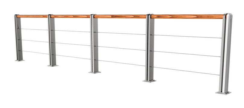 isolated metal balustrade system with timber top rail. architectural stainless steel cable railing for modern building design.