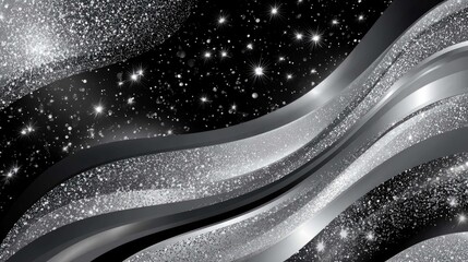 Abstract flowing silver and black design with twinkling stars, creating a celestial wave