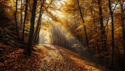 Golden Autumn Forest Path with Sun Rays and Falling Leaves