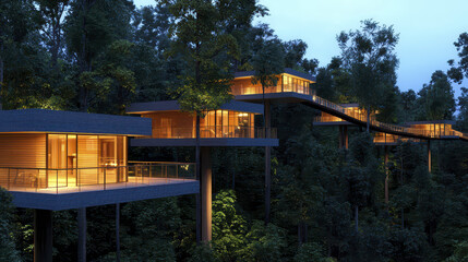Stunning treehouse village nestled among towering trees, featuring modern architecture and warm lighting, creating serene