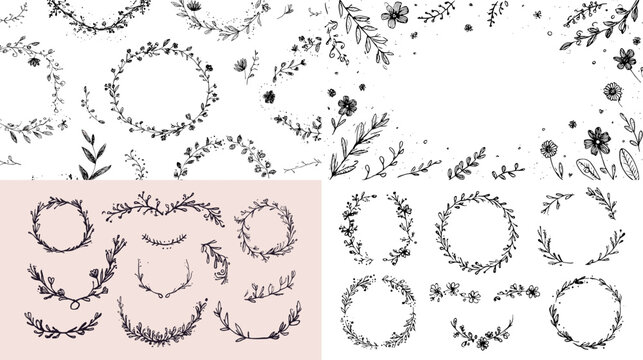 Hand drawn floral wreaths and botanical elements in delicate sketch style. Ideal for wedding invitations, logos, stationery, decorative borders, and elegant design projects.
