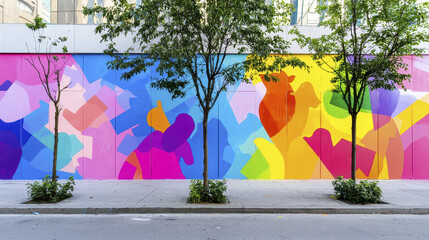 Vibrant and colorful street art mural featuring abstract shapes and bright hues, surrounded by trees