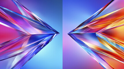 Vibrant abstract design featuring sharp, angular crystal shapes blue, purple, and orange hues, creating dynamic visual impact