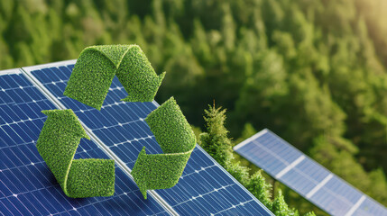 Vibrant recycling concept featuring green recycling symbol solar panels surrounded by nature, symbolizing sustainability