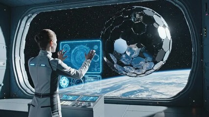 Female astronaut navigates complex holographic interface displaying advanced satellite technology orbiting Earth from spaceship observation deck in futuristic space - Powered by Adobe