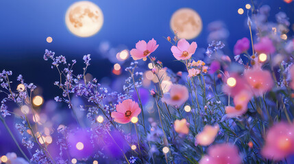 Whimsical floral landscape with vibrant flowers, glowing lights, and dreamy night sky featuring full moons, creating magical