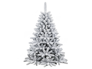 Realistic white christmas tree with dense evergreen branches isolated on black transparent background